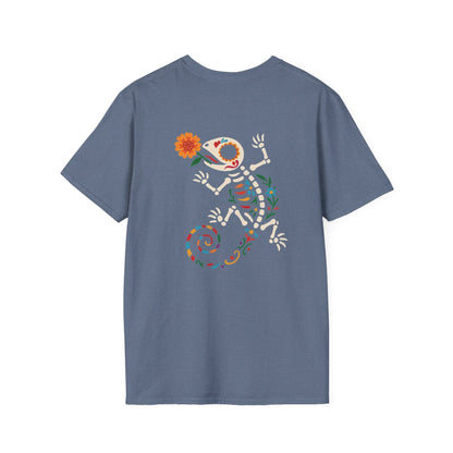 Sugar Skull Lizard Tee – Floral Skeleton Charm with Day of the Dead Vibes | Lizard Designs Shirt – Heather Indigo T-Shirt for casual wear (32 view)