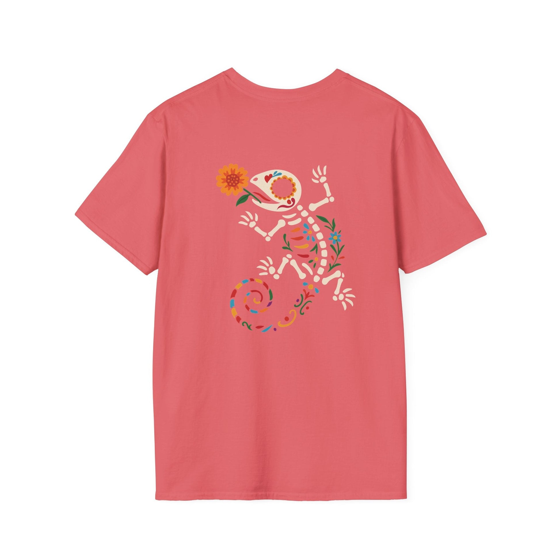 Sugar Skull Lizard Tee – Floral Skeleton Charm with Day of the Dead Vibes | Lizard Designs Shirt – Coral Silk T-Shirt for casual wear (12 view)