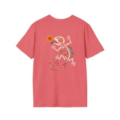 Sugar Skull Lizard Tee – Floral Skeleton Charm with Day of the Dead Vibes | Lizard Designs Shirt – Coral Silk T-Shirt for casual wear (12 view)
