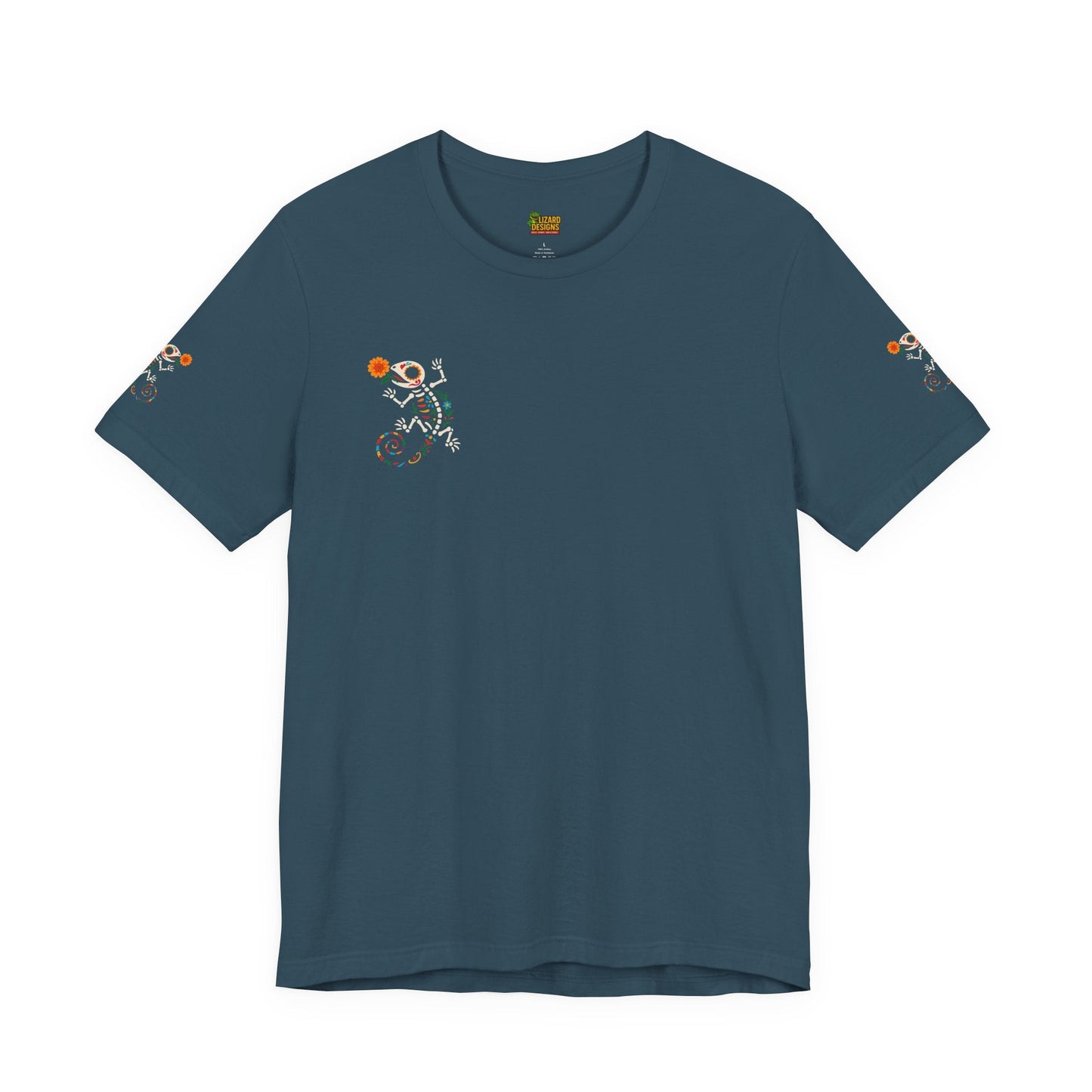 Sugar Skull Lizard Tee – Floral Skeleton Charm with Day of the Dead Vibes | Lizard Designs Shirt – Deep Teal T-Shirt by Printify