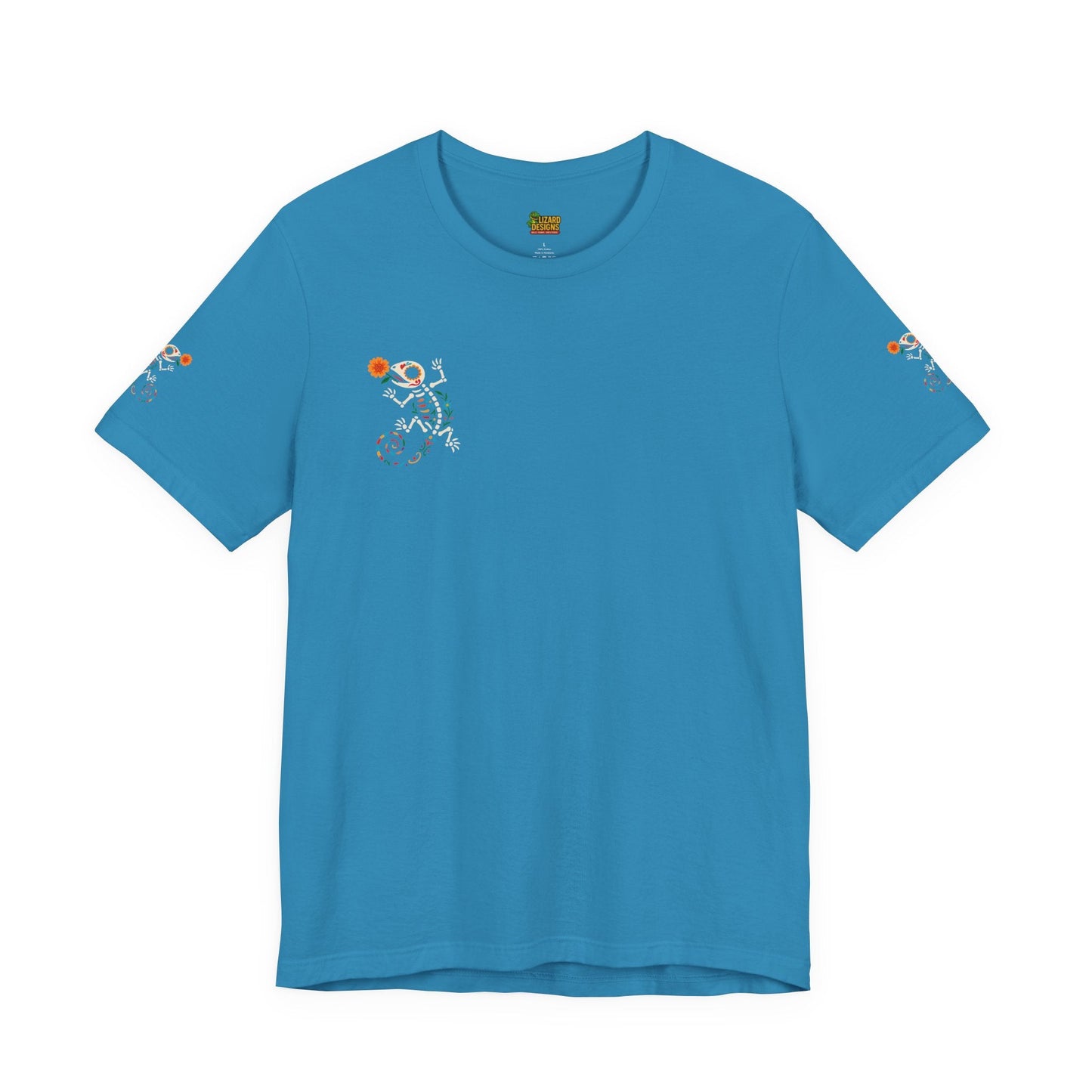 Sugar Skull Lizard Tee – Floral Skeleton Charm with Day of the Dead Vibes | Lizard Designs Shirt – Aqua T-Shirt by Printify