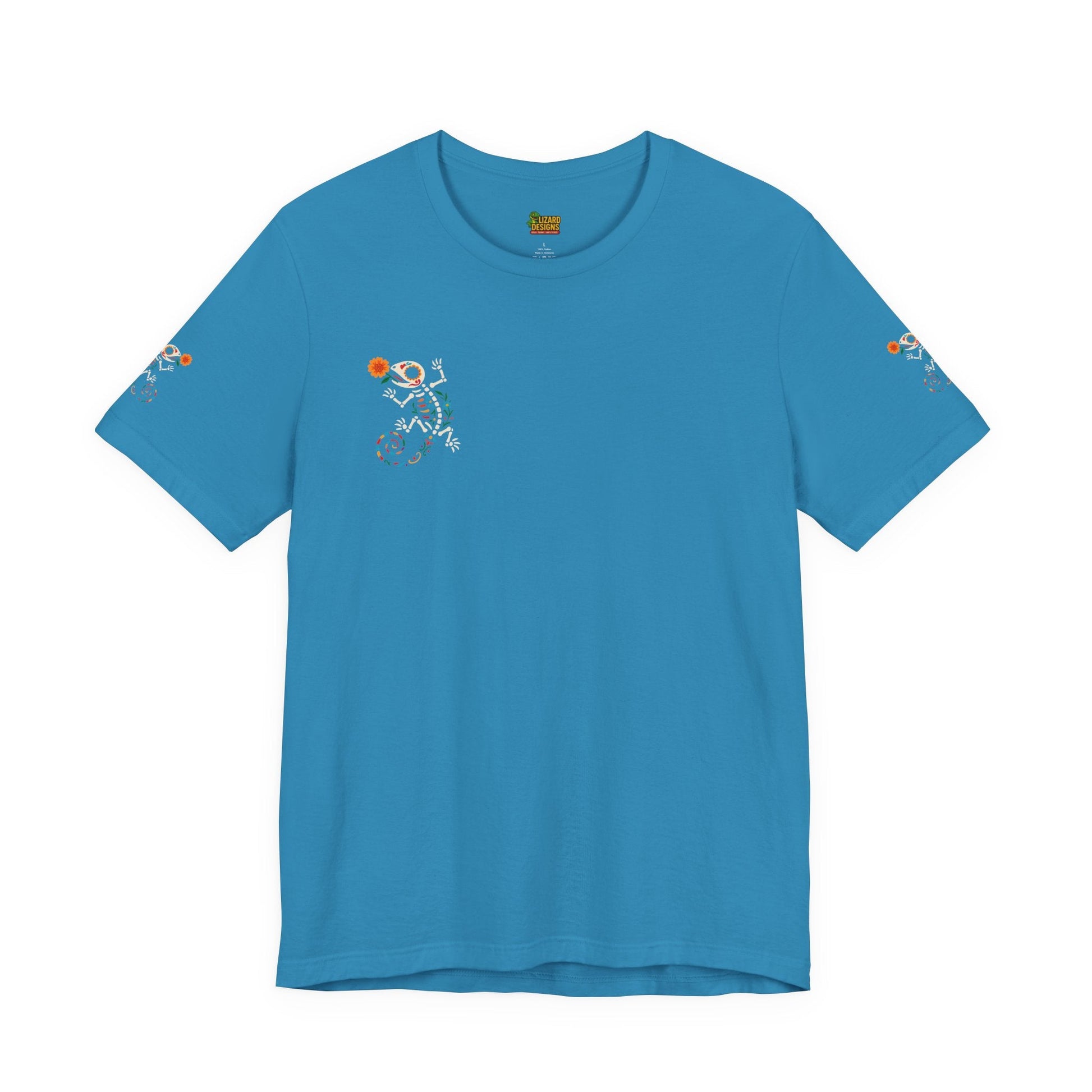 Sugar Skull Lizard Tee – Floral Skeleton Charm with Day of the Dead Vibes | Lizard Designs Shirt – Aqua T-Shirt by Printify