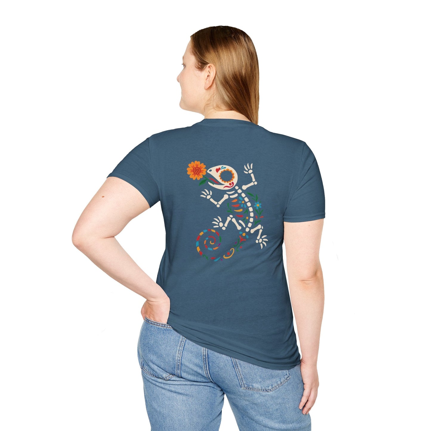 Sugar Skull Lizard Tee – Floral Skeleton Charm with Day of the Dead Vibes | Lizard Designs Shirt – Indigo Blue T-Shirt for casual wear (40 view)