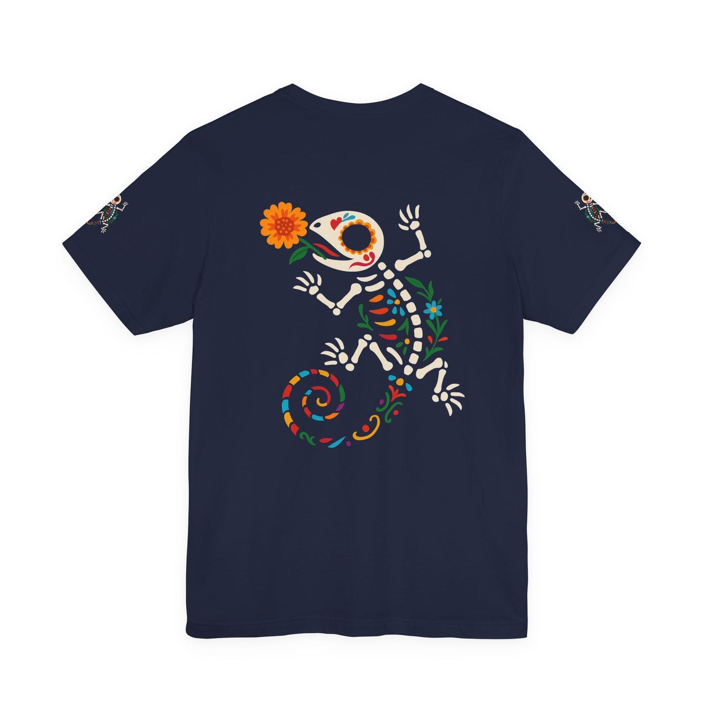 Sugar Skull Lizard Tee – Floral Skeleton Charm with Day of the Dead Vibes | Lizard Designs Shirt – Navy T-Shirt by Printify
