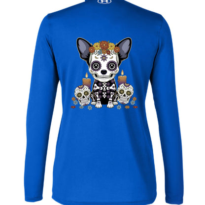 Sugar - Skull Pup – Vibrant Día de Muertos Under Armour Half - Zip | Ladies Performance Top – ROYAL/ WHITE_400 activewear for anti - odor (2 view)