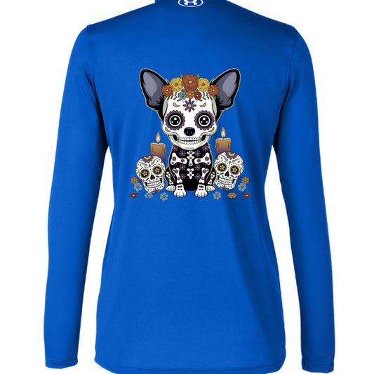 Sugar - Skull Pup – Vibrant Día de Muertos Under Armour Half - Zip | Ladies Performance Top – ROYAL/ WHITE_400 activewear for anti - odor (2 view)