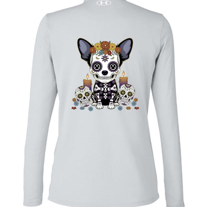 Sugar - Skull Pup – Vibrant Día de Muertos Under Armour Half - Zip | Ladies Performance Top – MOD GRY/ WH _011 activewear for anti - odor (6 view)