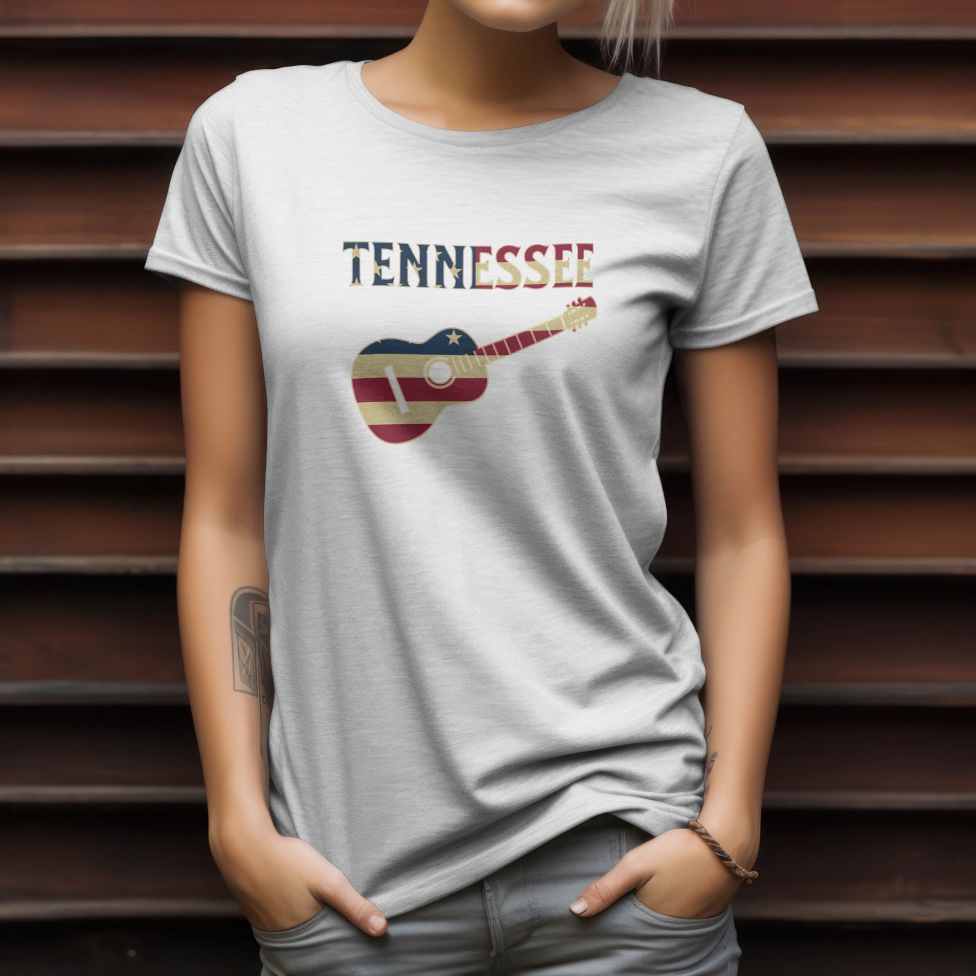 Tennessee Guitar Flag Tee – Southern Sound & State Pride | RM Outpost Apparel – Heather Navy T-Shirt for American Flag (1 view)
