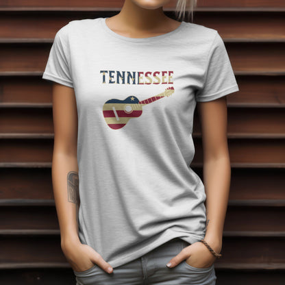 Tennessee Guitar Flag Tee – Southern Sound & State Pride | RM Outpost Apparel – Heather Navy T-Shirt for American Flag (1 view)
