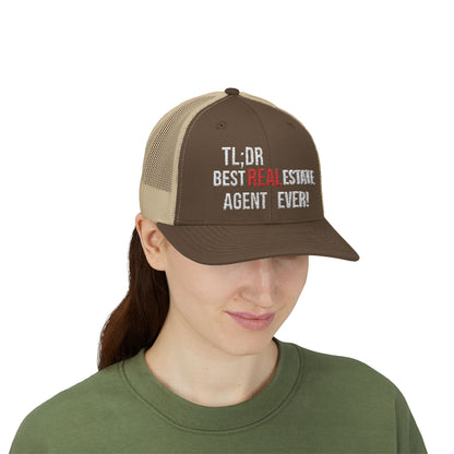 TL;DR: Best Real Estate Agent Ever Hat – Trucker Cap With Bold Statement – Brown / Khaki Hats by Printify