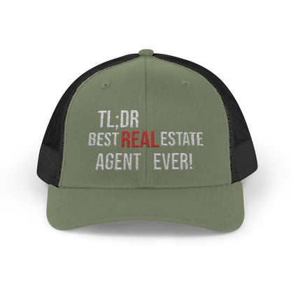 TL;DR: Best Real Estate Agent Ever Hat – Trucker Cap With Bold Statement – Black / White Hats by Printify