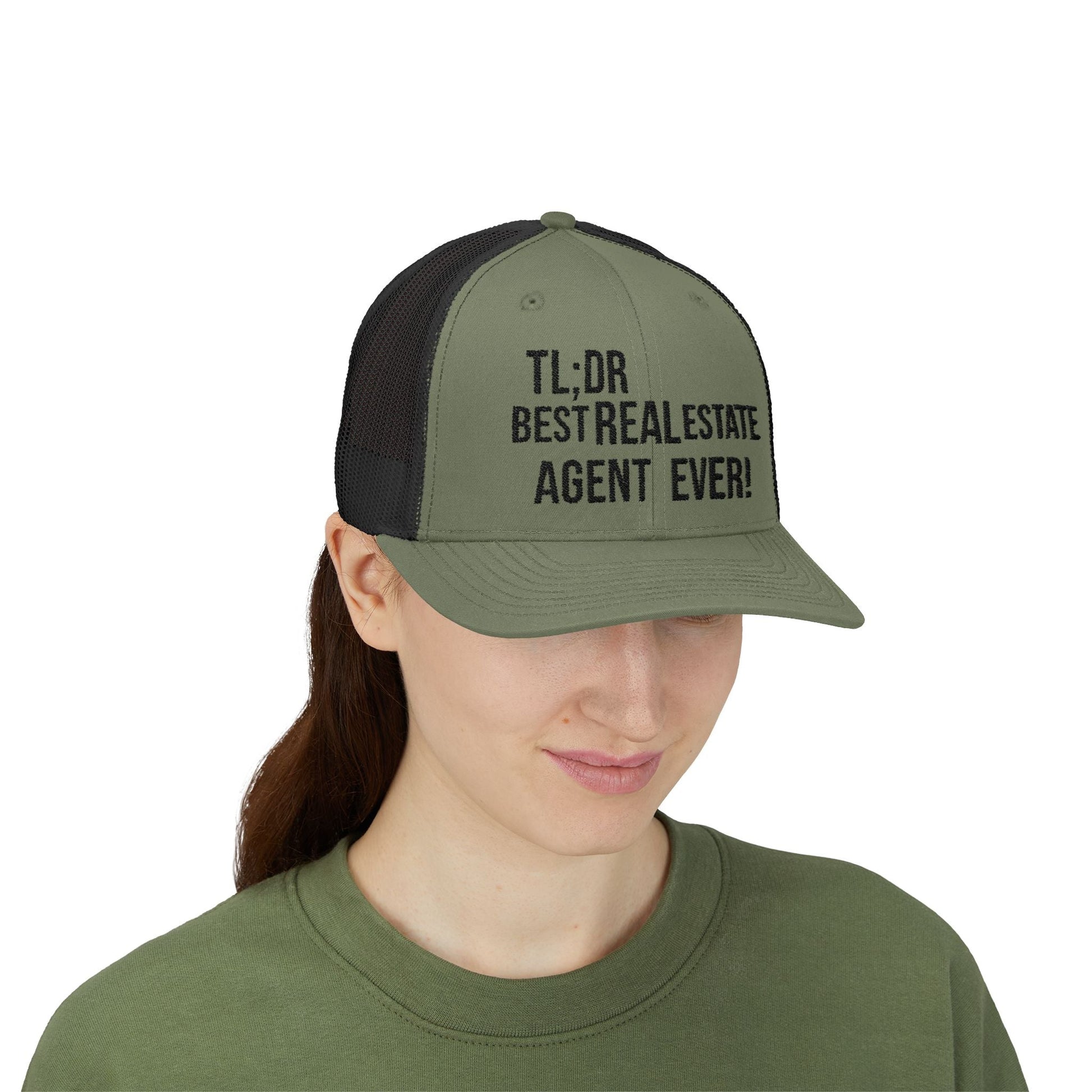TL;DR: Best Real Estate Agent Ever – Monochrome Trucker Hat – Charcoal / White Hats for Casual Headwear (4 view)