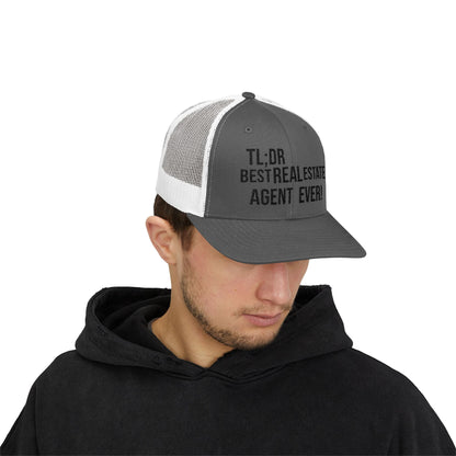 TL;DR: Best Real Estate Agent Ever – Monochrome Trucker Hat – Charcoal / White Hats for Casual Headwear (23 view)