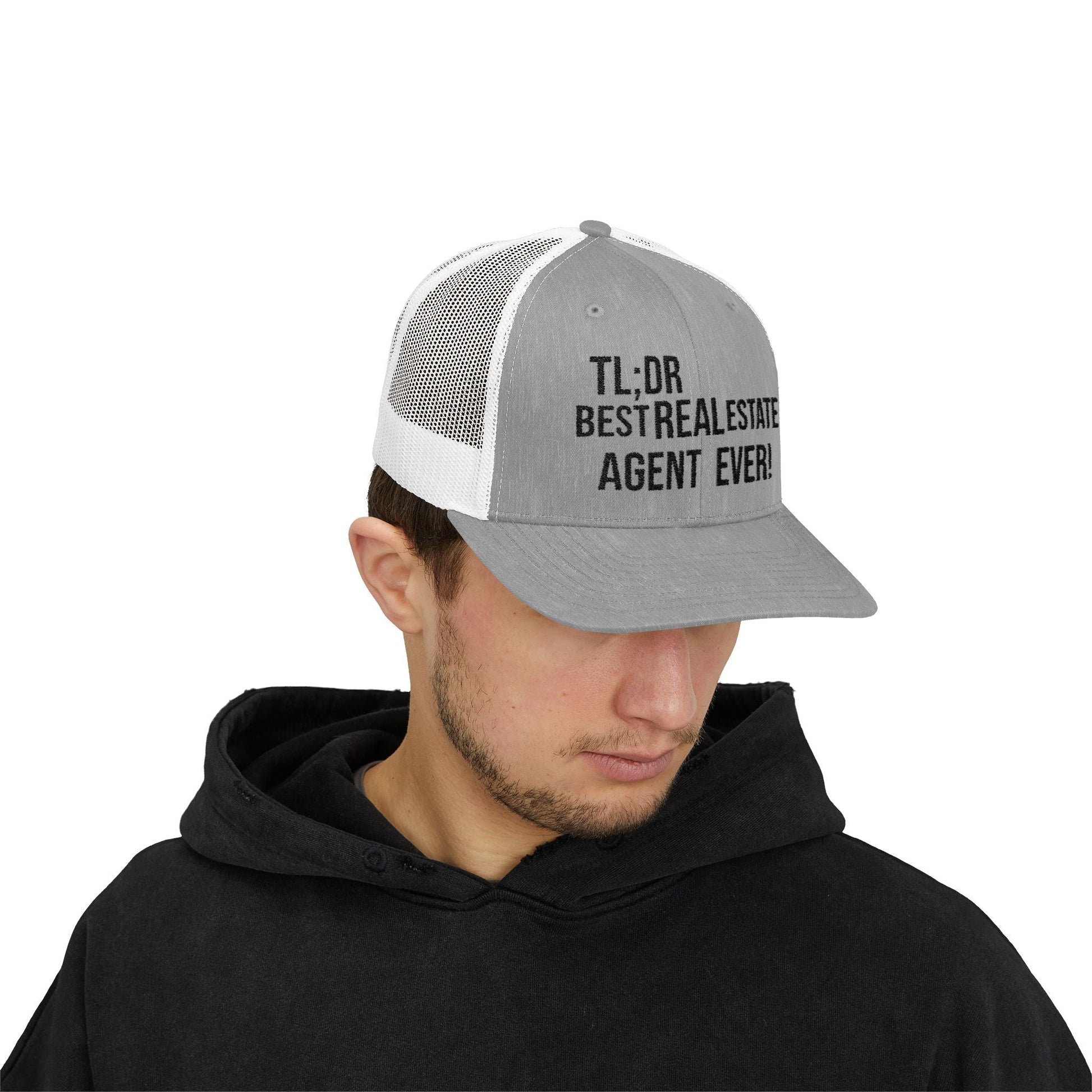 TL;DR: Best Real Estate Agent Ever – Monochrome Trucker Hat – Heather Grey / White Hats for Casual Headwear (35 view)