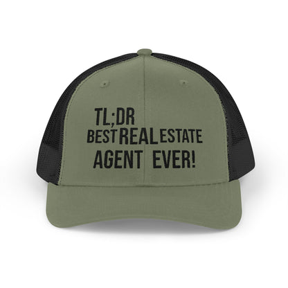 TL;DR: Best Real Estate Agent Ever – Monochrome Trucker Hat – Charcoal / White Hats for Casual Headwear (1 view)