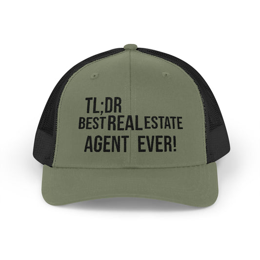 TL;DR: Best Real Estate Agent Ever – Monochrome Trucker Hat – Charcoal / White Hats for Casual Headwear (1 view)