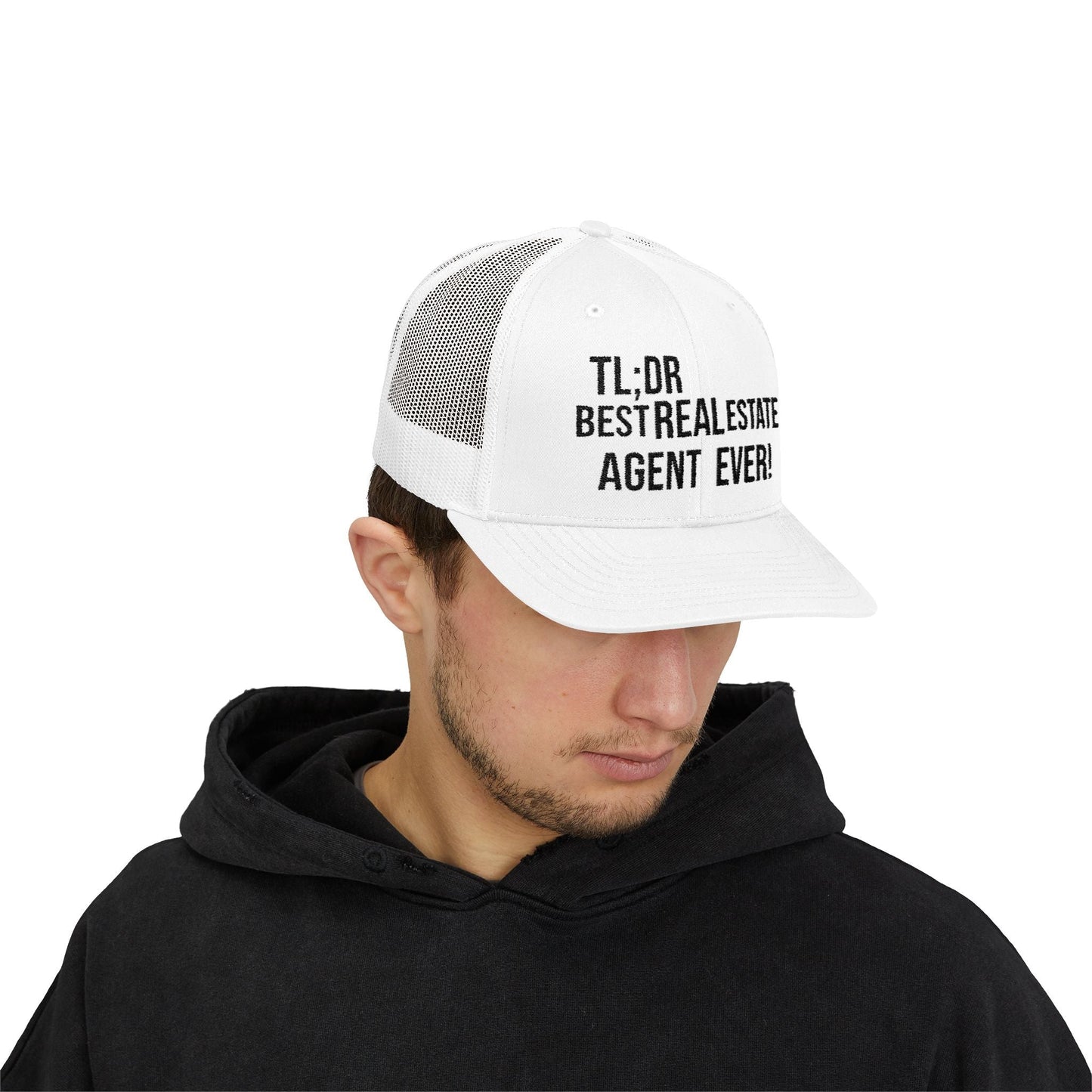 TL;DR: Best Real Estate Agent Ever – Monochrome Trucker Hat – White Hats for Casual Headwear (7 view)