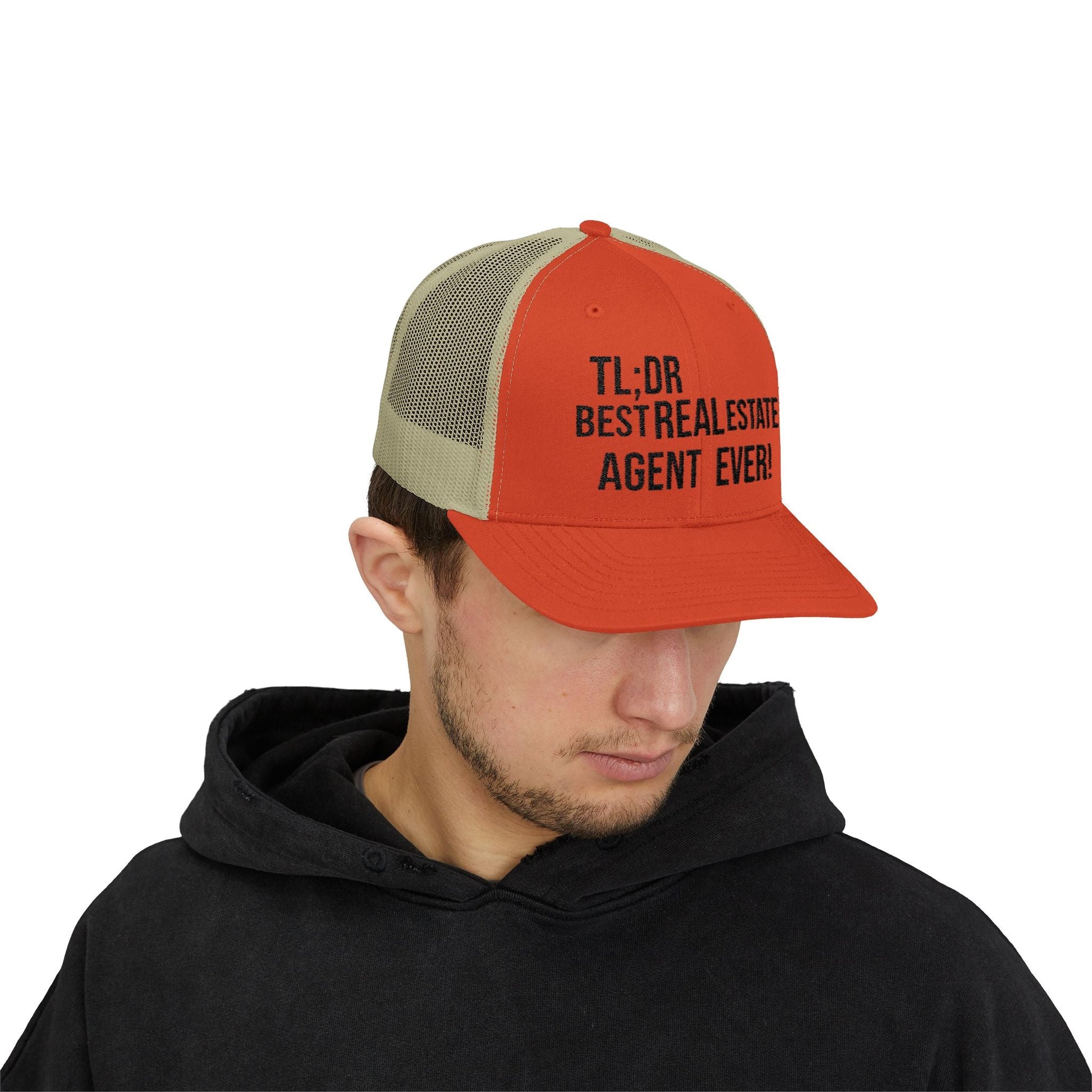 TL;DR: Best Real Estate Agent Ever – Monochrome Trucker Hat – Rustic Orange / Khaki Hats for Casual Headwear (15 view)