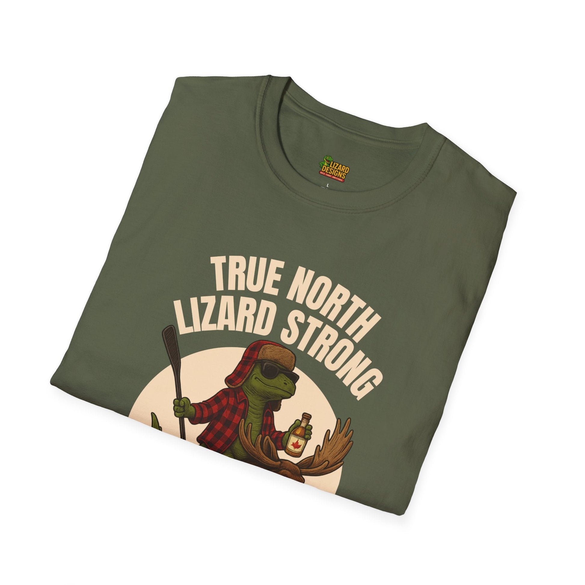 True North Lizard Strong Shirt – Canada Edition Chaos Tee | Funny Moose & Hockey Graphic – Military Green T-Shirt for Adventure Vibes Tee (21 view)