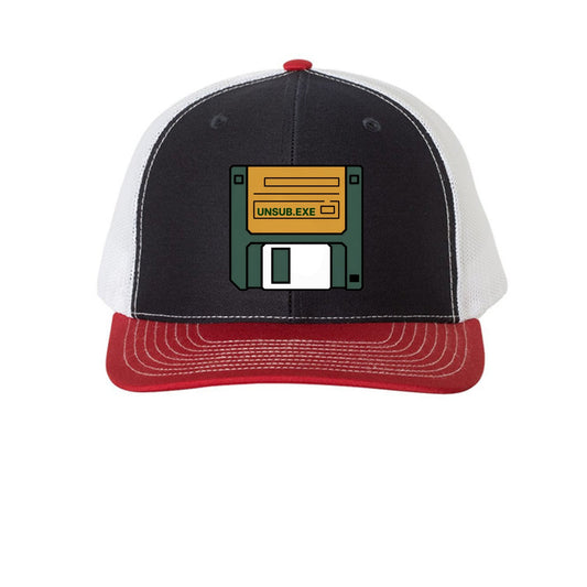 UNSUB.EXE Hat – Retro Floppy Disk Humor | RM Outpost – Navy/ White/ Red Hats for Apparel (1 view)