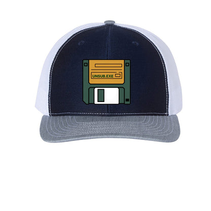 UNSUB.EXE Hat – Retro Floppy Disk Humor | RM Outpost – Navy/ White/ Heather Grey Hats for Apparel (3 view)