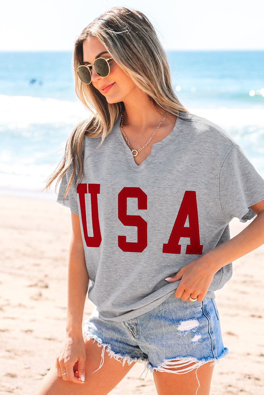 USA Patch Notched Neck Loose Tee – Light Grey Tops/Tops & Tees for Shopify Collective (3 view)
