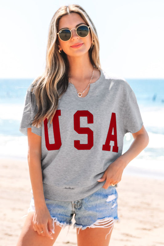 USA Patch Notched Neck Loose Tee – Light Grey Tops/Tops & Tees for Shopify Collective (1 view)