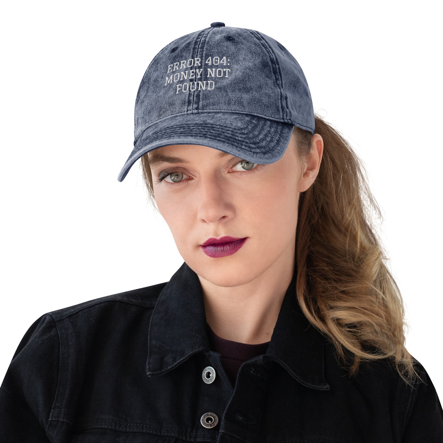 ERROR 404: MONEY NOT FOUND I Vintage Cotton Twill Cap – Navy Hats for Hat (4 view)