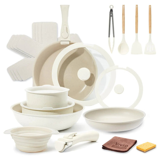 VIVIDCOOKWARE 22-Piece Nonstick Ceramic Cookware Set – Stackable Pots & Pans with Removable Handles, Utensils & Collapsible Basin | Oven Safe – CW Cookware set-022 cookware by SbrTnHomes