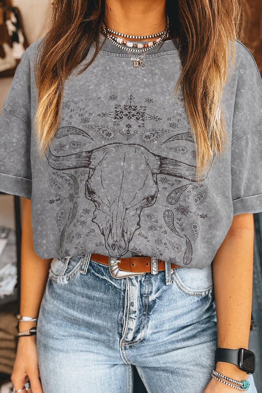Western Steer Head Tie Dye Tee – Light Grey Graphic/Graphic Tees for Shopify Collective (2 view)
