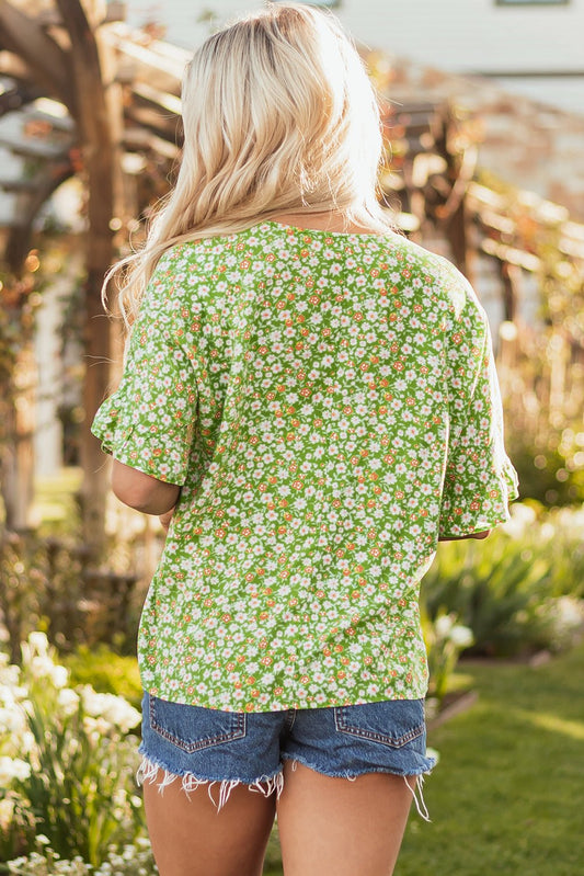 Yusra FloralRuffle Sleeve V Neck Blouse – Green Tops/Blouses & Shirts for Shopify Collective (2 view)
