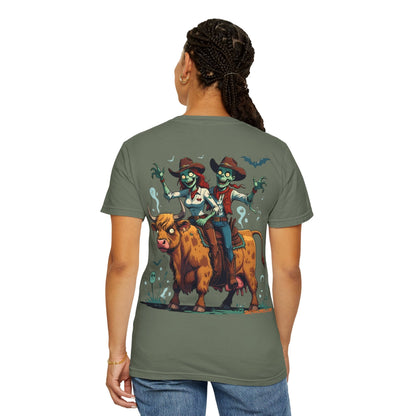 Zombie Couple Rodeo Tee – Cartoon Undead Cowboys on the Loose | Funny Halloween Shirt – White T-Shirt for bull rider Halloween tee (21 view)