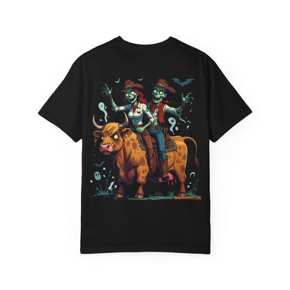 Zombie Couple Rodeo Tee – Cartoon Undead Cowboys on the Loose | Funny Halloween Shirt – Black T-Shirt for bull rider Halloween tee (35 view)