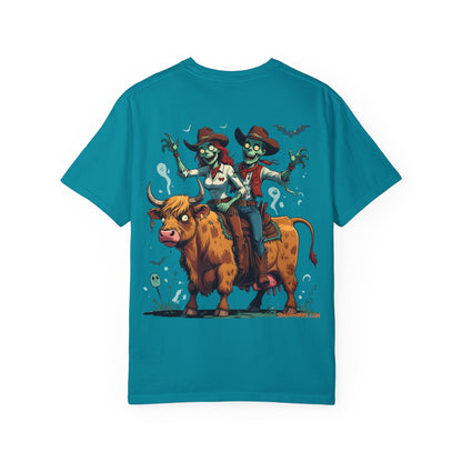 Zombie Couple Rodeo Tee – Cartoon Undead Cowboys on the Loose | Funny Halloween Shirt – White T-Shirt for bull rider Halloween tee (23 view)