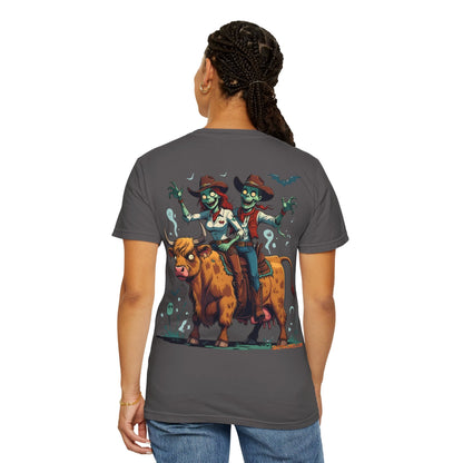 Zombie Couple Rodeo Tee – Cartoon Undead Cowboys on the Loose | Funny Halloween Shirt – White T-Shirt for bull rider Halloween tee (33 view)