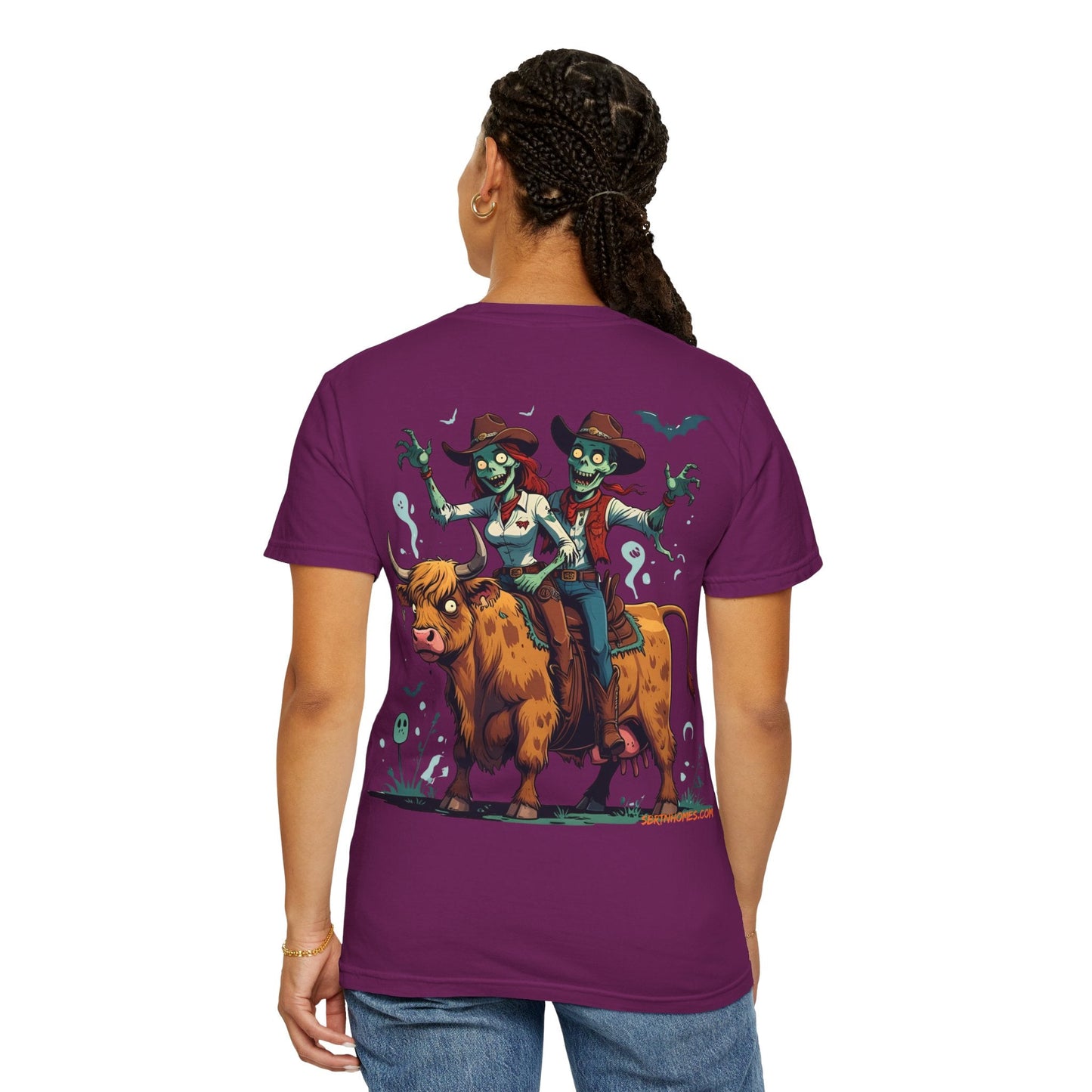 Zombie Couple Rodeo Tee – Cartoon Undead Cowboys on the Loose | Funny Halloween Shirt – Black T-Shirt for bull rider Halloween tee (42 view)