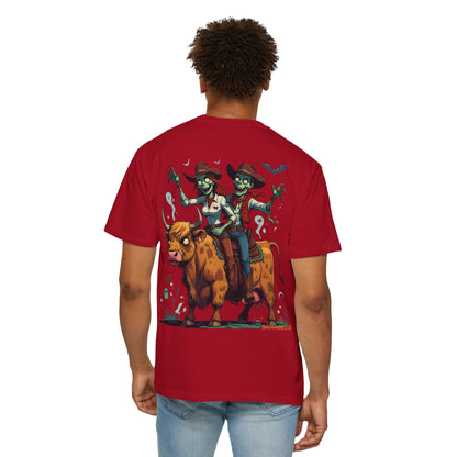 Zombie Couple Rodeo Tee – Cartoon Undead Cowboys on the Loose | Funny Halloween Shirt – Red T-Shirt for bull rider Halloween tee (49 view)