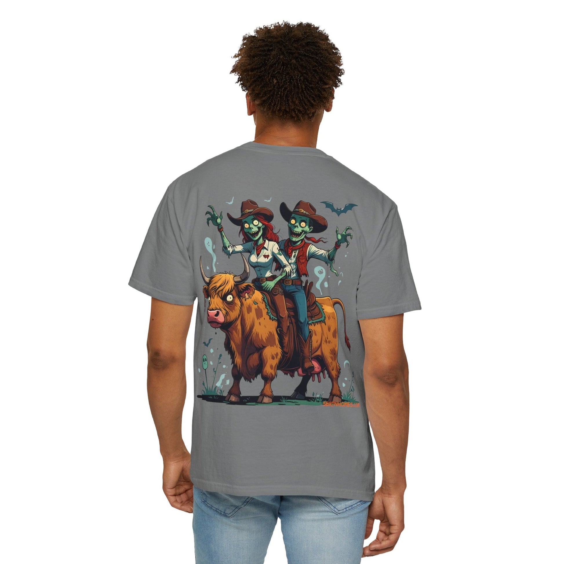Zombie Couple Rodeo Tee – Cartoon Undead Cowboys on the Loose | Funny Halloween Shirt – White T-Shirt by Printify