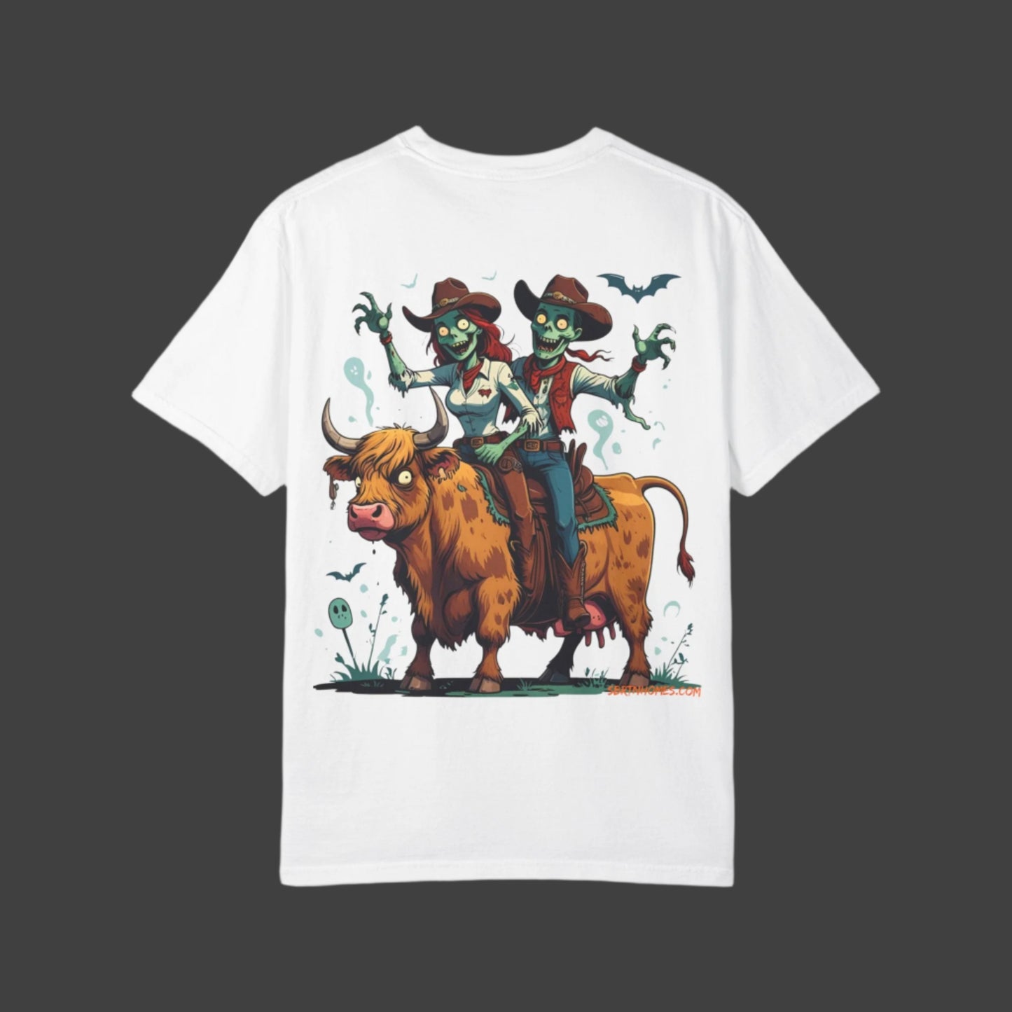 Zombie Couple Rodeo Tee – Cartoon Undead Cowboys on the Loose | Funny Halloween Shirt – Black T-Shirt for bull rider Halloween tee (5 view)