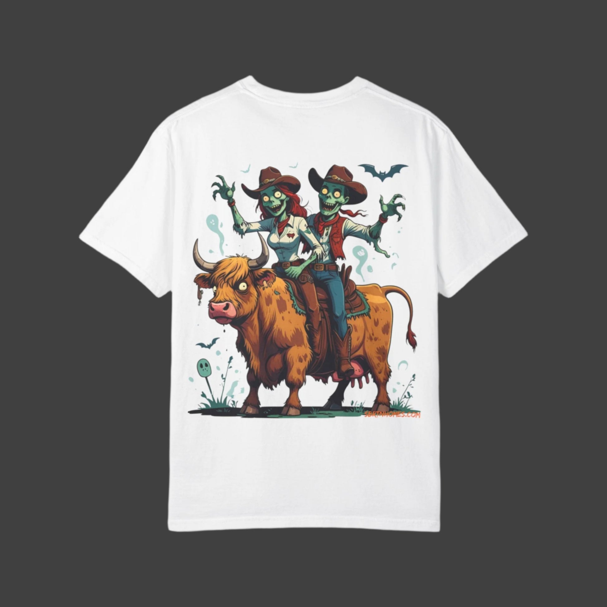 Zombie Couple Rodeo Tee – Cartoon Undead Cowboys on the Loose | Funny Halloween Shirt – Black T-Shirt for bull rider Halloween tee (5 view)
