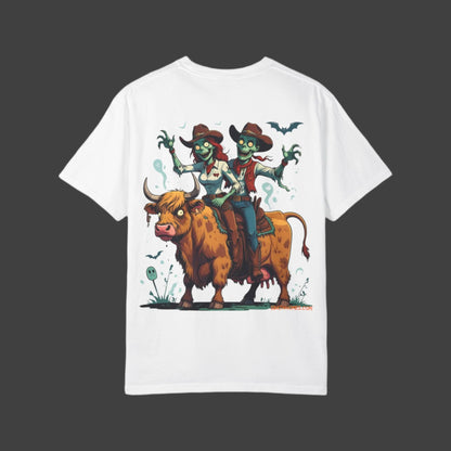 Zombie Couple Rodeo Tee – Cartoon Undead Cowboys on the Loose | Funny Halloween Shirt – Black T-Shirt for bull rider Halloween tee (5 view)