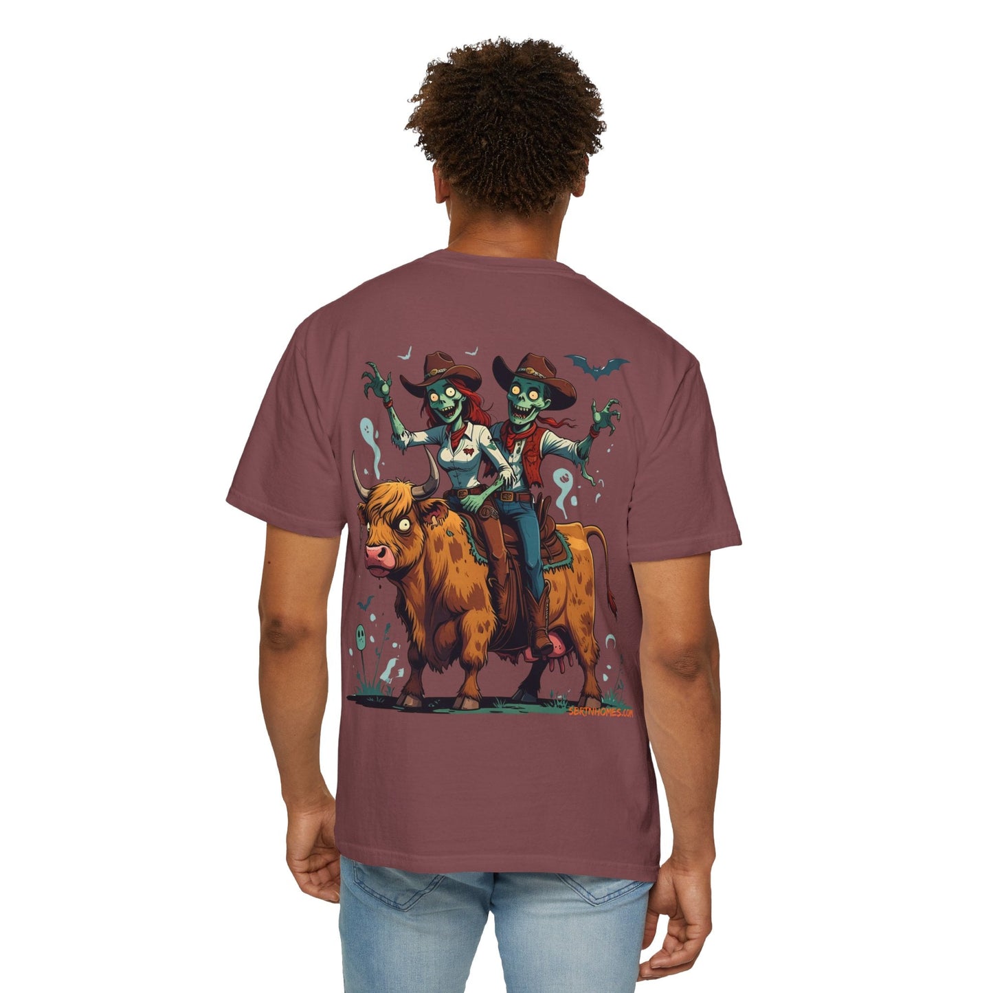 Zombie Couple Rodeo Tee – Cartoon Undead Cowboys on the Loose | Funny Halloween Shirt – White T-Shirt for bull rider Halloween tee (10 view)