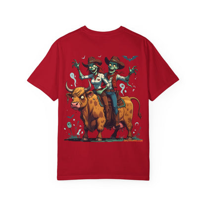 Zombie Couple Rodeo Tee – Cartoon Undead Cowboys on the Loose | Funny Halloween Shirt – Black T-Shirt for bull rider Halloween tee (47 view)