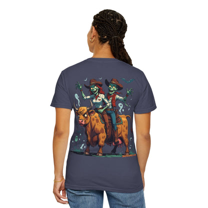 Zombie Couple Rodeo Tee – Cartoon Undead Cowboys on the Loose | Funny Halloween Shirt – White T-Shirt for bull rider Halloween tee (30 view)