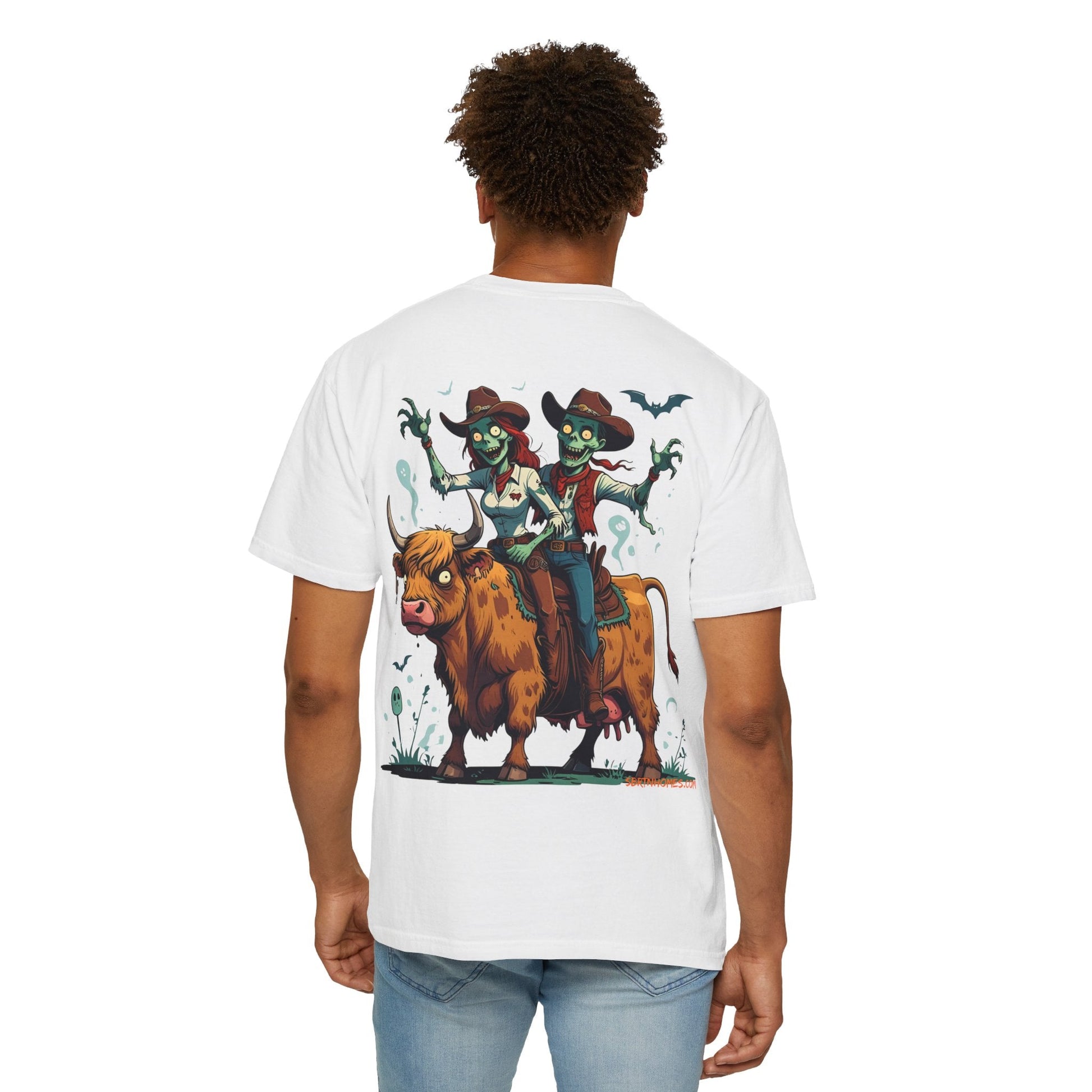Zombie Couple Rodeo Tee – Cartoon Undead Cowboys on the Loose | Funny Halloween Shirt – White T-Shirt for bull rider Halloween tee (7 view)