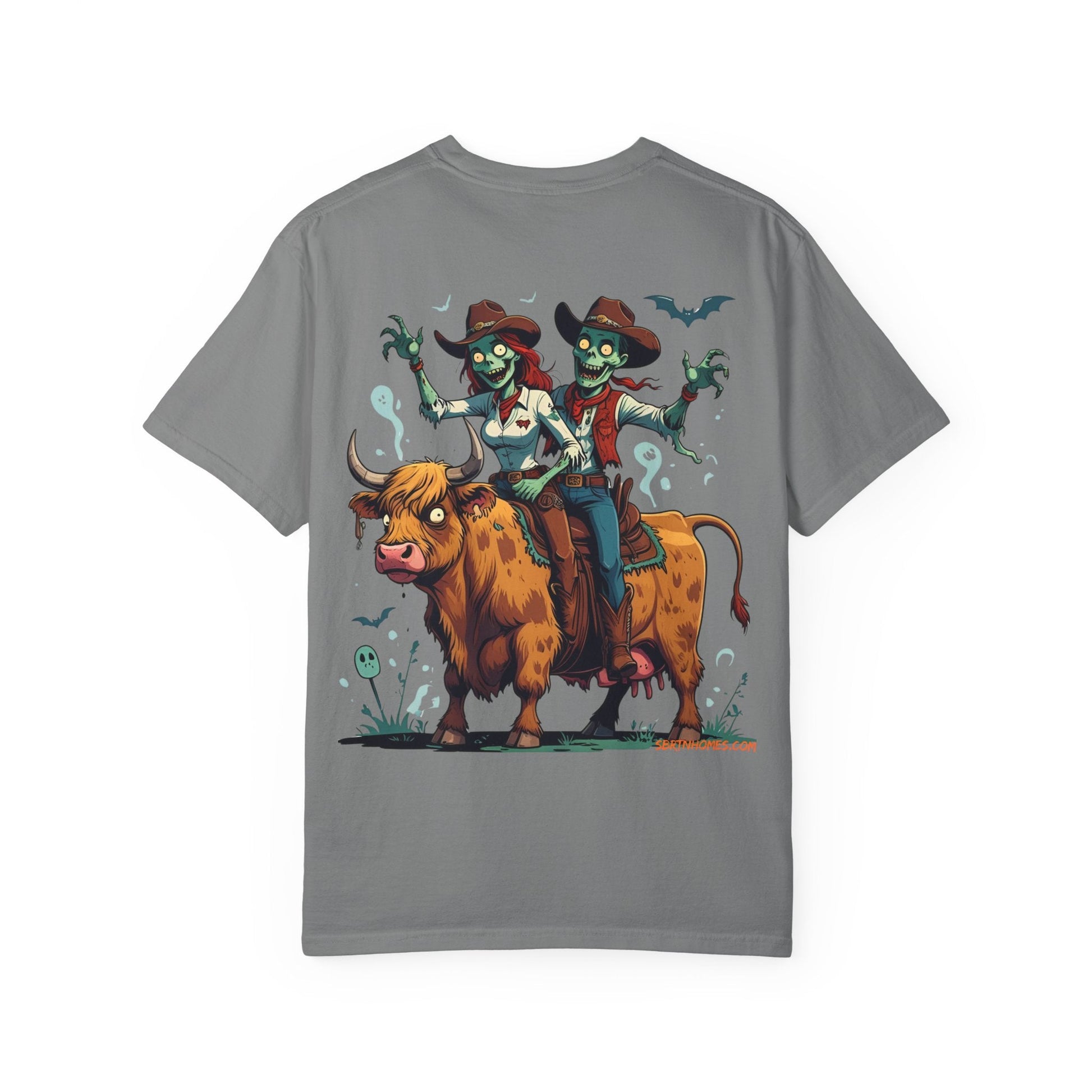 Zombie Couple Rodeo Tee – Cartoon Undead Cowboys on the Loose | Funny Halloween Shirt – White T-Shirt for bull rider Halloween tee (14 view)