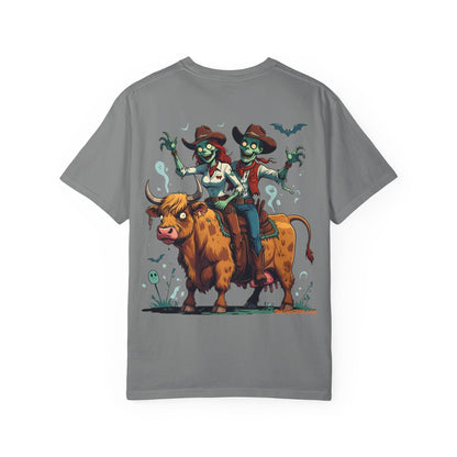 Zombie Couple Rodeo Tee – Cartoon Undead Cowboys on the Loose | Funny Halloween Shirt – White T-Shirt for bull rider Halloween tee (14 view)