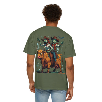 Zombie Couple Rodeo Tee – Cartoon Undead Cowboys on the Loose | Funny Halloween Shirt – White T-Shirt for bull rider Halloween tee (19 view)