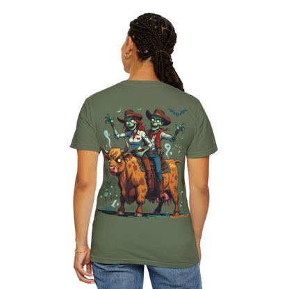 Zombie Couple Rodeo Tee – Cartoon Undead Cowboys on the Loose | Funny Halloween Shirt – White T-Shirt for bull rider Halloween tee (18 view)