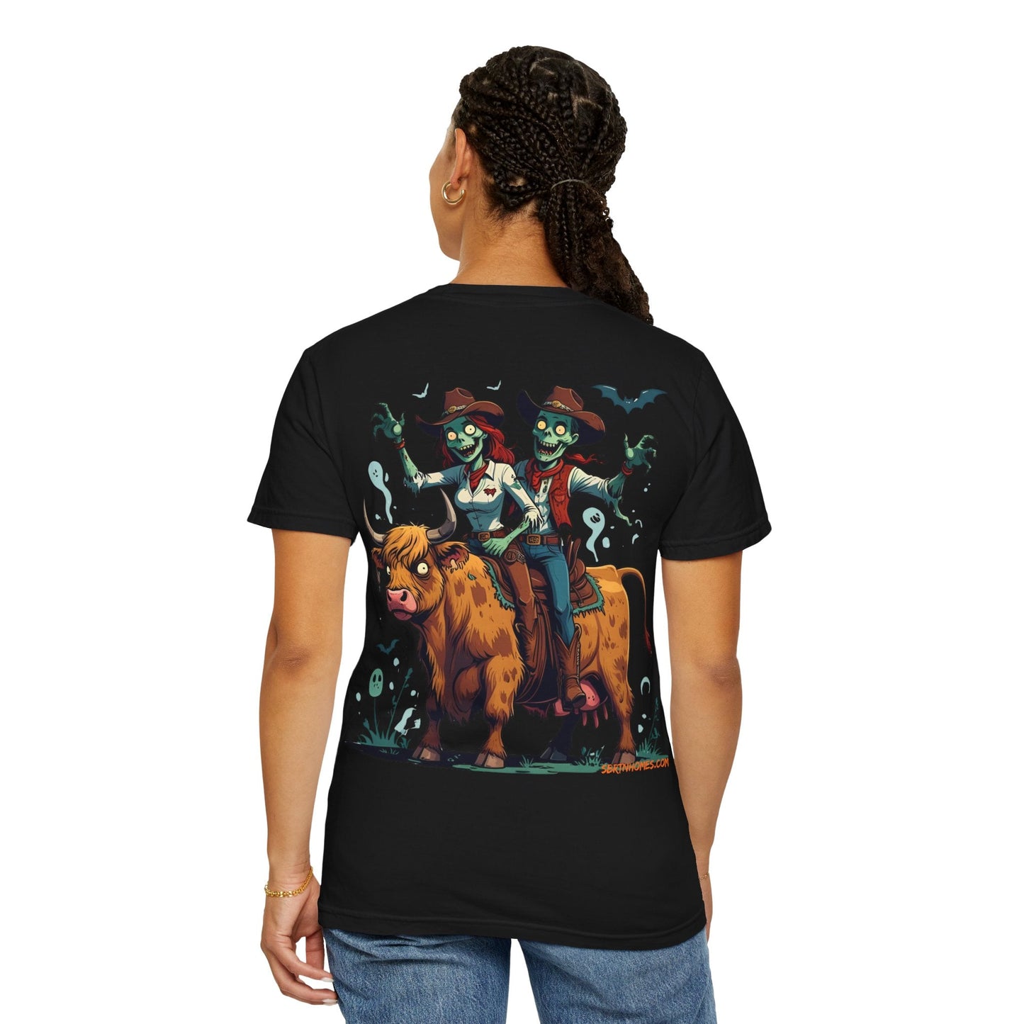 Zombie Couple Rodeo Tee – Cartoon Undead Cowboys on the Loose | Funny Halloween Shirt – Black T-Shirt for bull rider Halloween tee (36 view)